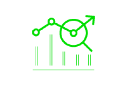 Green graphic of bar and line charts, magnifying glass, and upward arrow on black background