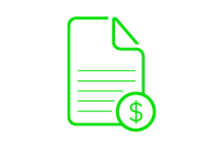 Green outlined document icon with text lines and dollar sign on black background.