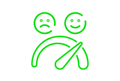 Green emotion gauge graphic with sad face left, happy face right, pointer near happy.