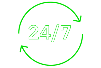 Green neon graphic of circular arrows around “24/7” text