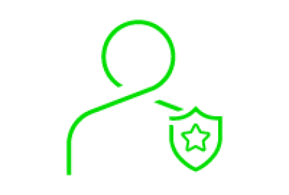 Green line graphic of user silhouette with shield bearing a star