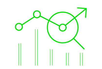 Graphic of neon green bar and line chart with magnifying glass showing upward trend
