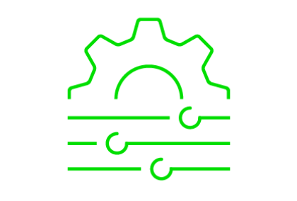Green outline of gear above three horizontal slider bars with knobs