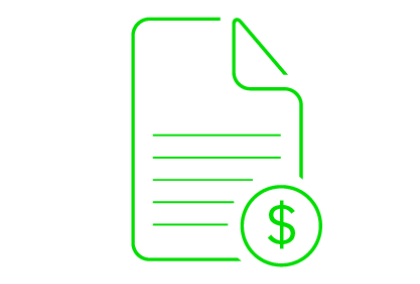 Graphic of green document outline with folded corner and dollar sign on black background
