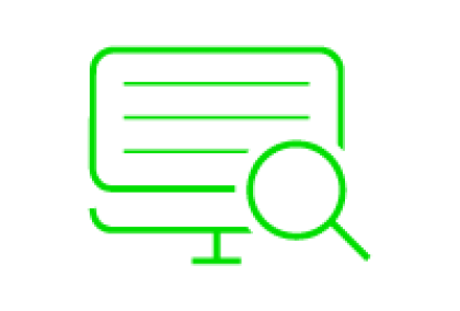 Neon green icon of a computer monitor displaying text lines with a magnifying glass on black background