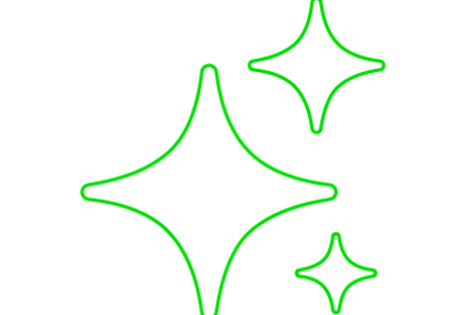 Three green sparkle graphics on black background