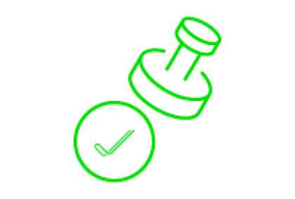 Neon green rubber stamp graphic with a check mark