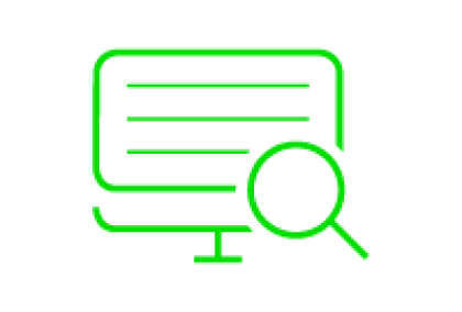 Green icon of a computer screen with text and magnifying glass