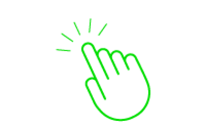 Green outline of a pointing hand icon with click lines on black background