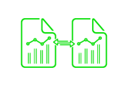Green graphic icon of two documents with bar and line charts connected by a link