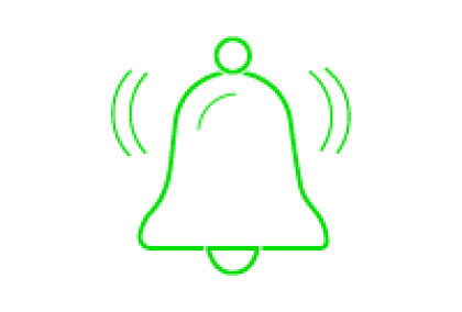 Green neon ringing bell icon on black background