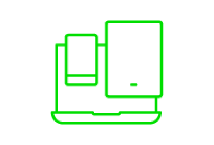 Neon green graphic of overlapping laptop, tablet, and smartphone outlines on black background