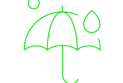 Neon green line-art umbrella with three raindrops on black background