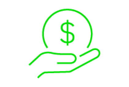 Graphic icon: green line hand holding a dollar-coin on black background