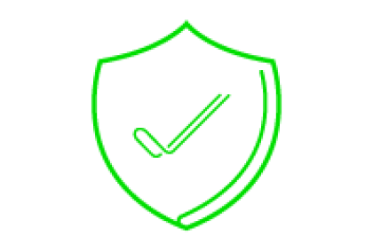 Graphic: neon green shield outline with check mark on black background