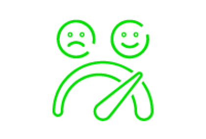 Neon green graphic of a semicircular gauge with pointer, sad face left and happy face right