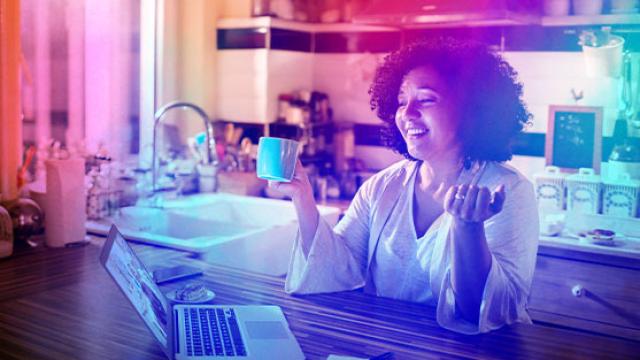 Woman speaking in hybrid event