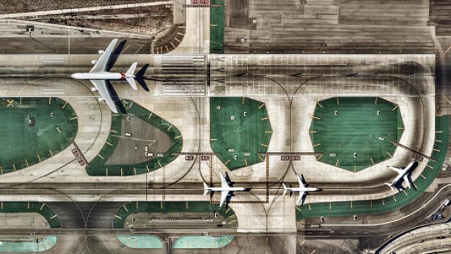 Birds eye view of plane on runway