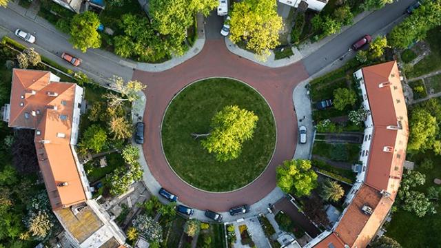 Aerial street view, showcasing sustainability with lots of green