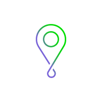 Stylized gradient map pin icon with green-to-purple outline.