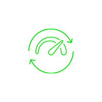 Green circular arrows surrounding a speedometer gauge icon
