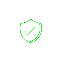 Green outline shield graphic with checkmark on black background