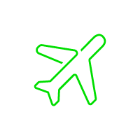 Green airplane outline icon on black background