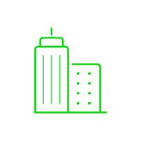 Green line graphic of a tall skyscraper beside a shorter office building on black background.