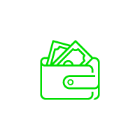 Green graphic of an open wallet with cash bills inside.
