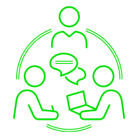 We provide a touch of support. Icon of 3 people talking