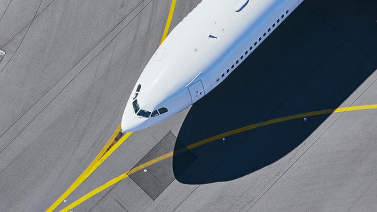 top view of aeroplane in the runway lane