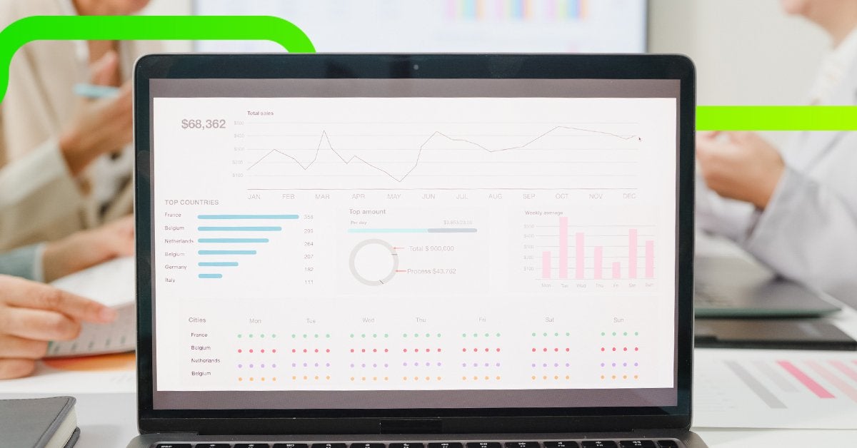 Laptop con panel de métricas y gráficos financieros mientras un equipo colabora al fondo, ilustrando análisis de rendimiento y visibilidad del ROI en reuniones corporativas.
