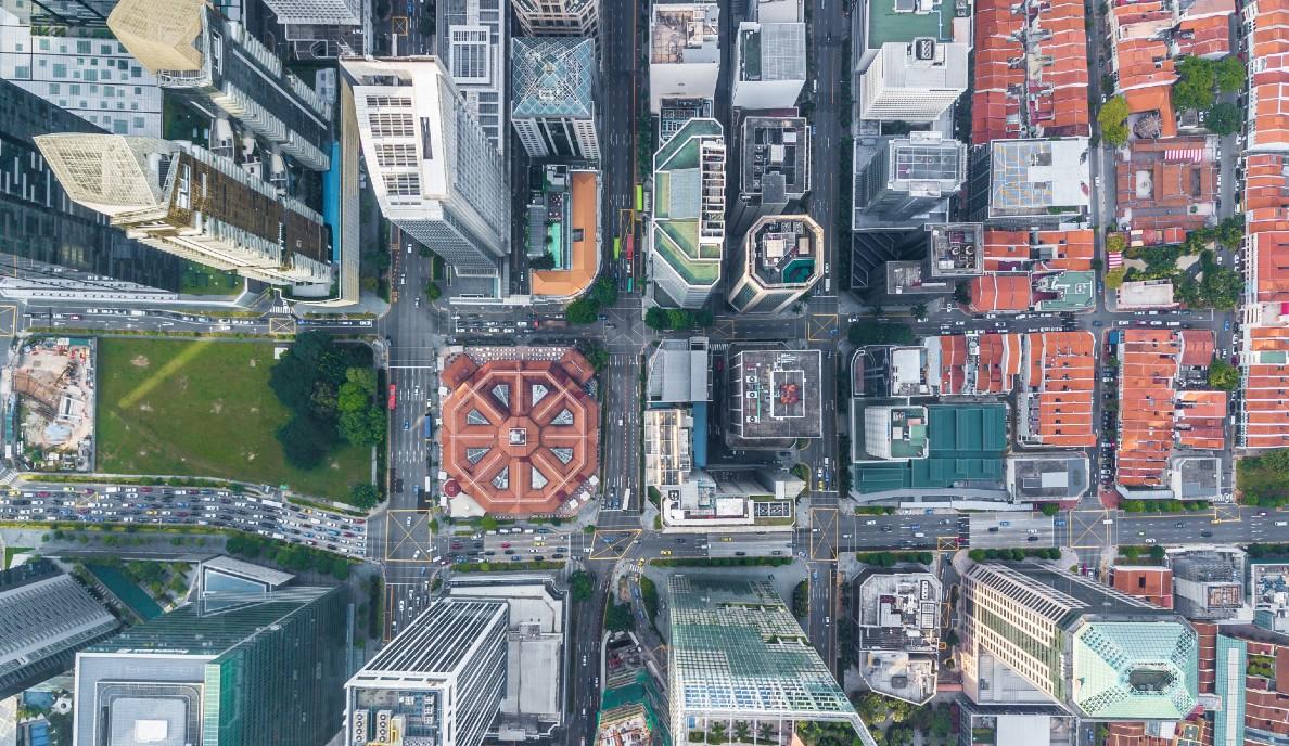 City aerial view of buildings and hotels