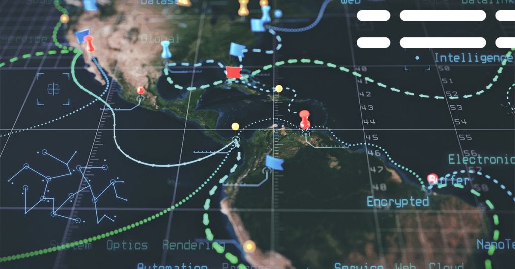 Mapa de América Latina con rutas de conexión comercial destacando México, Colombia y Brasil.