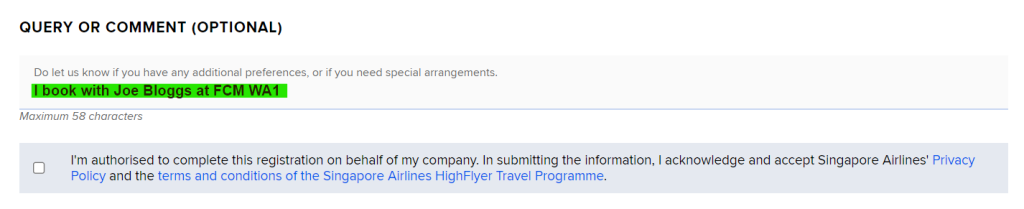 Screenshot of Singapore Airlines HighFlyer application form