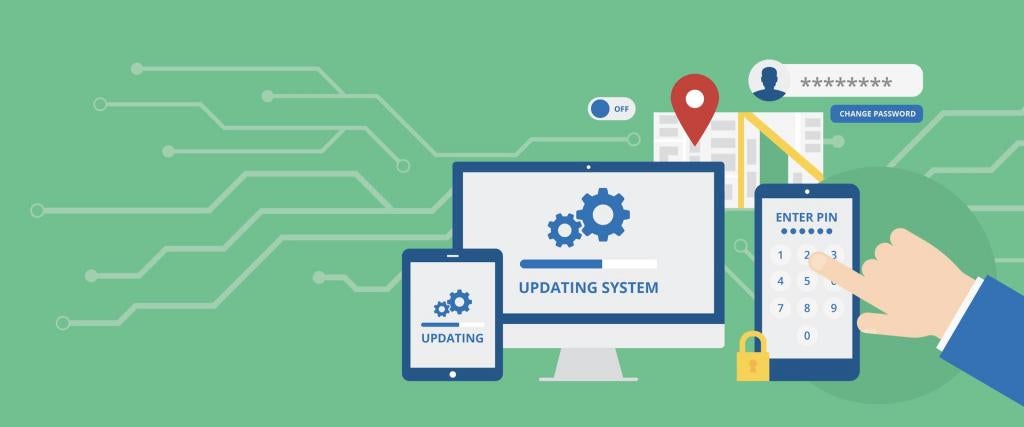Infographic of tablet,phone and computer screen against a green technology background