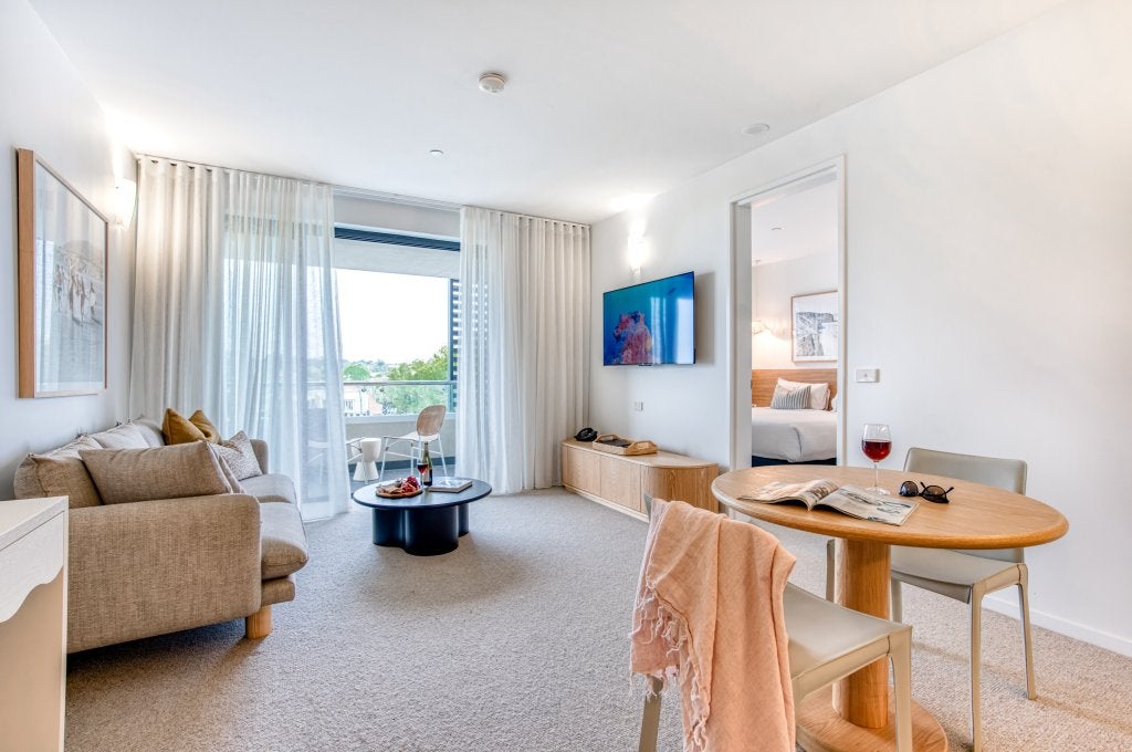 One bedroom Vue Apartments Geelong lounge room view. 