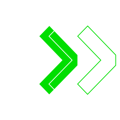 Three overlapping right-pointing chevrons: solid green, white outline, green outline on black background.