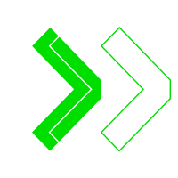 Three overlapping right-pointing chevrons on black: solid green, white outline, green outline