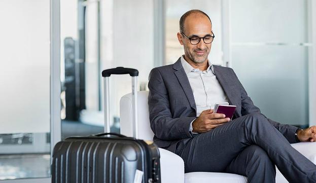 Corporate traveller on couch