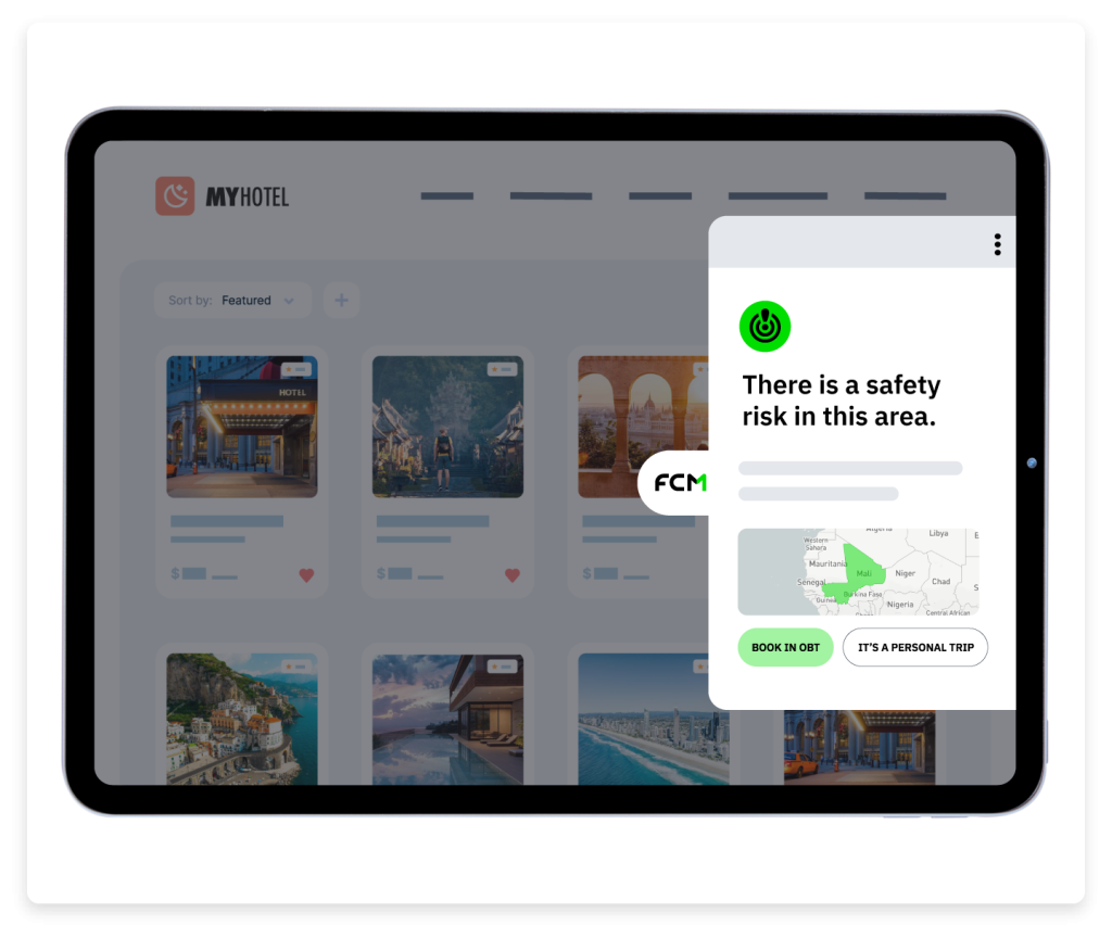 Browser window displaying travel destination thumbnails and popup stating safety risk in this area.