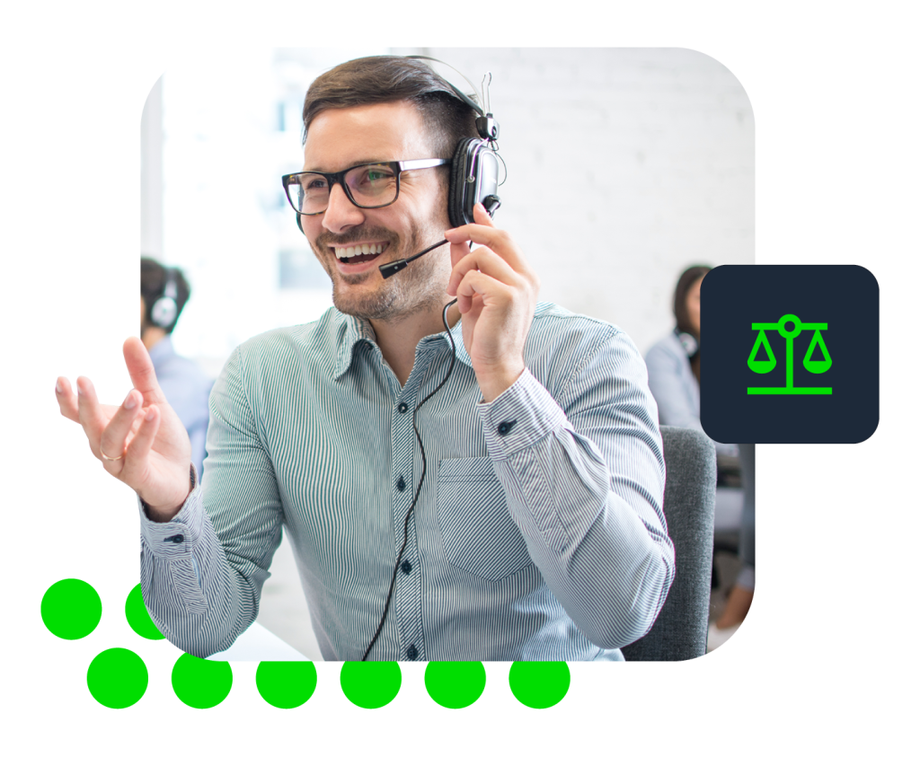 Photograph of a man wearing headset in office, overlaid with scales of justice icon