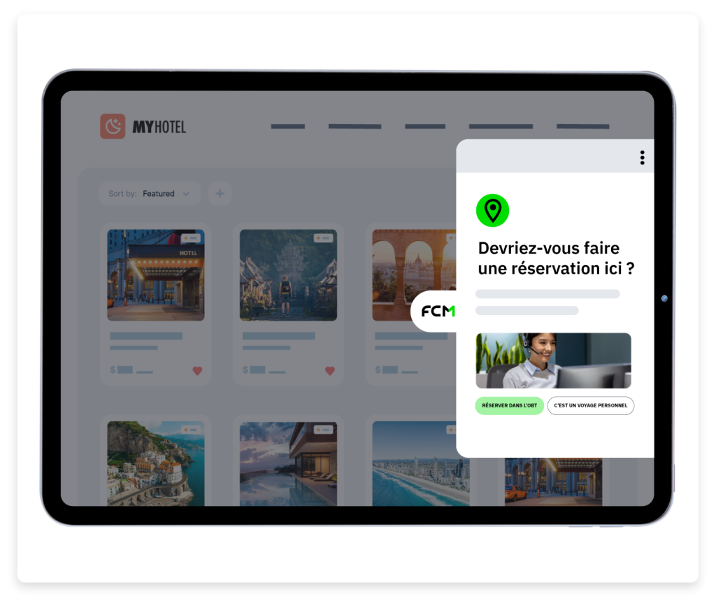 Écran d'une tablette affichant des options de réservation avec une fenêtre de chat.