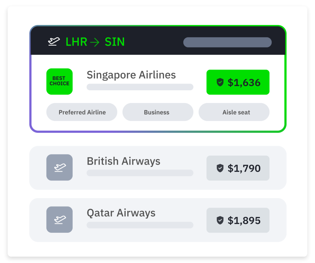Flight results LHR→SIN: Singapore Airlines business aisle $1,636; BA $1,790; Qatar $1,895