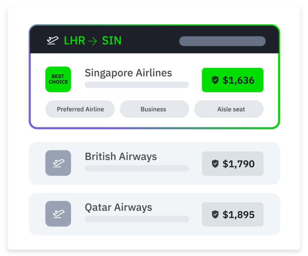 Flights LHR–SIN: Singapore Airlines biz aisle $1,636; BA $1,790; Qatar $1,895.