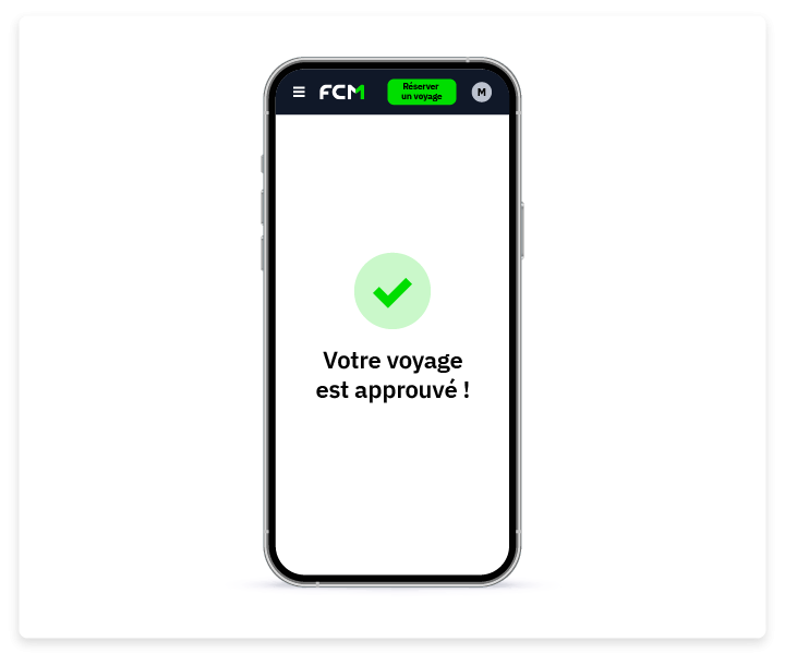 Écran de téléphone avec un message de confirmation de voyage approuvé.