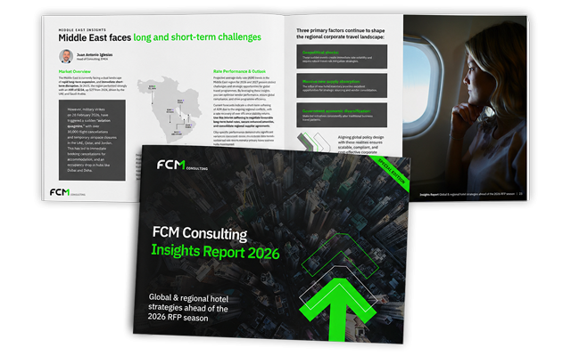 Collage showing FCM Consulting report pages and a traveler gazing out an airplane window.
