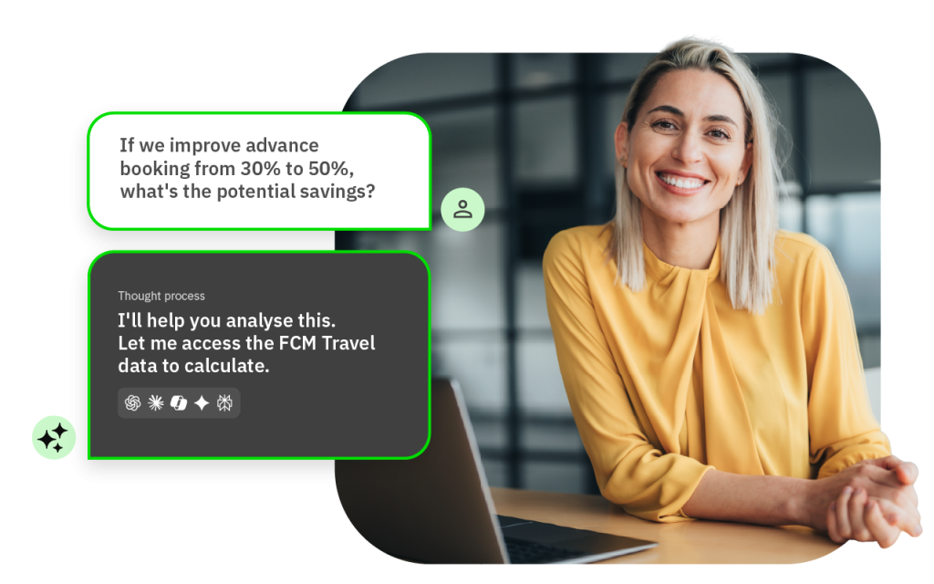 A travel manager asks Claude, Copilot or ChatGPT "If we improve advance booking, what's the savings?". The AI tool replies saying it'll help the person analyse that information