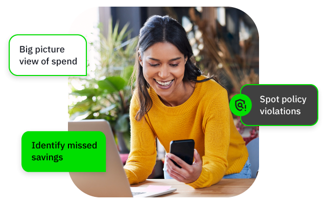 Woman smiles at phone and laptop with green bubbles: spend view, missed savings, policy violations