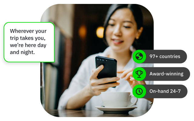 Smiling woman on her phone with speech bubble and icons: 97+ countries, award-winning, 24/7 support